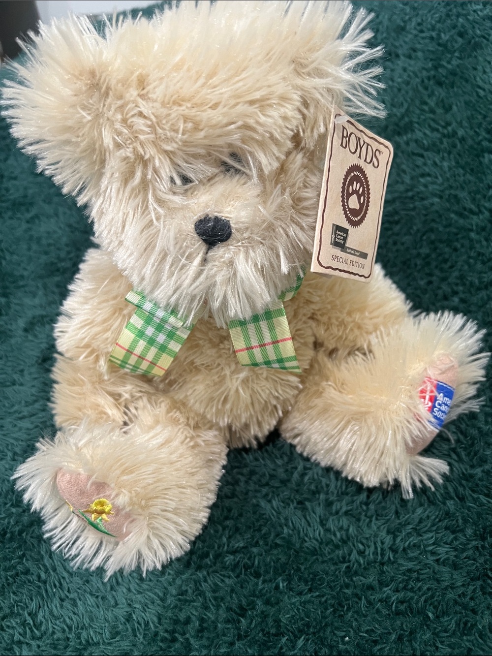 Boyds Bears Cream Plush Teddy with Green Plaid Bow
